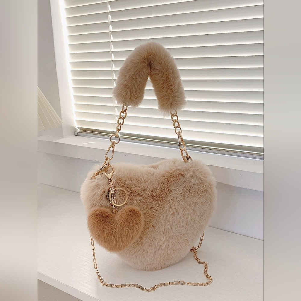 Tan and Gold Faux Fur Shoulder Bag with Chain Detail